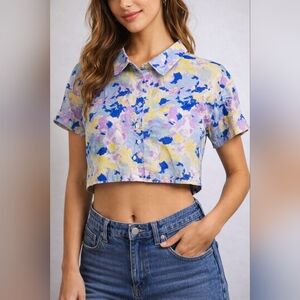 Vintage 80s 90s Vera Moda Abstract Paint Splatter Crop Top Size Small